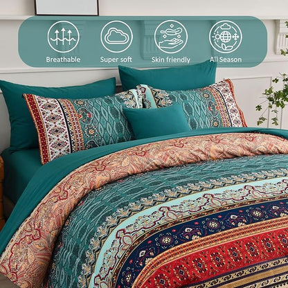 Boho King Size Comforter Set 8 Pieces,Green and Brown Bohemian Striped Bed in a Bag,Floral Soft Microfiber Bedding Comforter Set