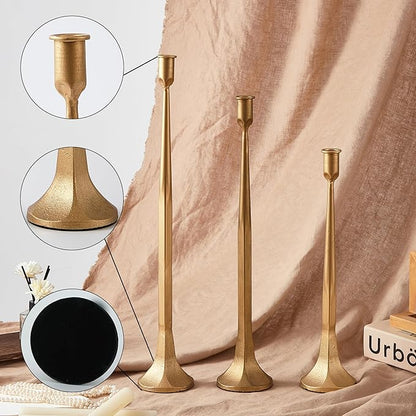 Denique Iron Taper Candle Holder Set of 3, Black Candlestick Holders 19.3”17” 14” Heightening Decorative Candle Stand Set for Wedding, Dining Table, Home Decoration (Gold)