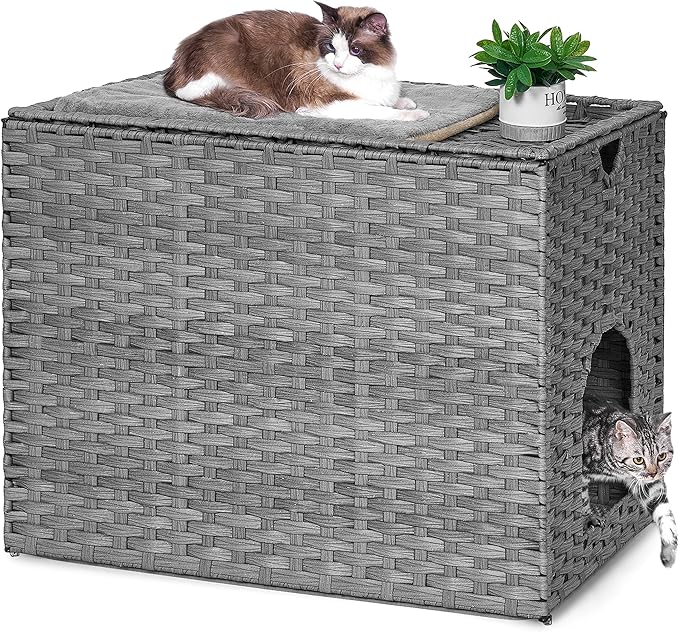 Cat Litter Box Enclosure with Litter Trapping Mat; Handwoven Plastic Rattan Cat House; No Installation Hidden Cat Washroom; Pet Crate for Balcony,Bedroom,Living Room-Mewly Pet