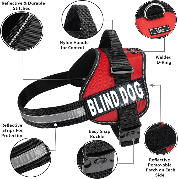 Doggie Stylz Blind Dog Vest Harness with Removable Patches and Reflective Trim. Comes with 2 Blind Dog Reflective Hook and Loop Patches. Measure Dogs Girth Before Purchase (Girth 24”-31" Red)-Mewly Pet