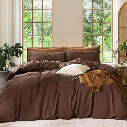 MooMee Bedding Duvet Cover Set 100% Washed Cotton Linen Like Textured Breathable Durable Soft Comfy (Solid Cocoa Brown, Super Queen 90"x98")