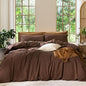 MooMee Bedding Duvet Cover Set 100% Washed Cotton Linen Like Textured Breathable Durable Soft Comfy (Solid Cocoa Brown, Super Queen 90"x98")