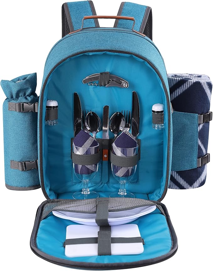 Apollo Walker Picnic Backpack Set for 2 Person with Cooler Compartment, Detachable Bottle/Wine Holder, Fleece Blanket, Plates and Cutlery Set (Teal)-Mewly Pet