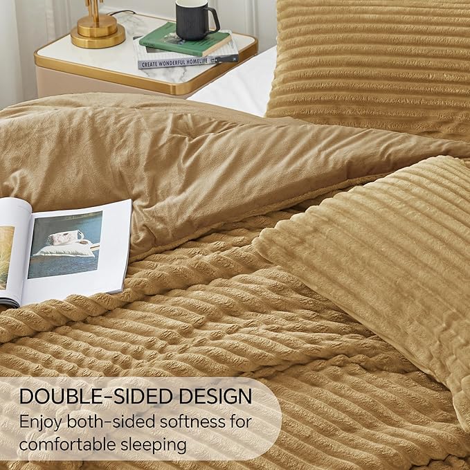 BEDELITE Fleece Full Comforter Set -Super Soft & Warm Fluffy Brown Bedding, Luxury Fuzzy Heavy Bed Set for Winter with 2 Pillow Cases