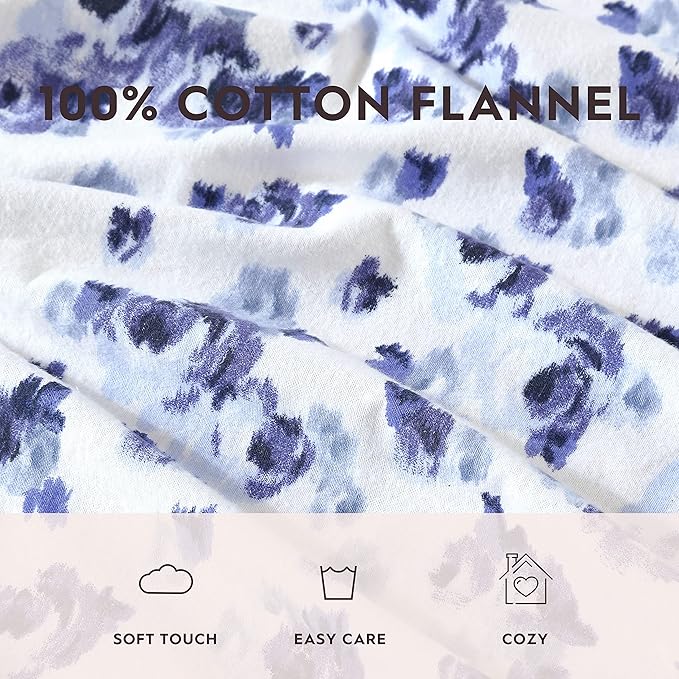 Laura Ashley - Flannel Sheets Twin Size, Anti-Pilling & Wrinkle Resistant Cotton, Touchably Soft for All-Season Comfort - Bed Sheets with Matching Pillowcase & Fitted Sheet (Emelisa Blue)