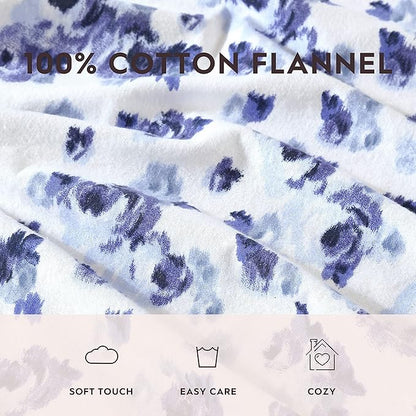 Laura Ashley - Flannel Sheets King Size, Anti-Pilling & Wrinkle Resistant Cotton, Touchably Soft for All-Season Comfort - Bed Sheets with Matching Pillowcases & Fitted Sheet (Emelisa Blue)