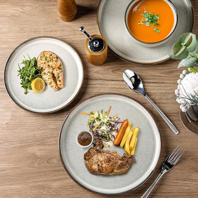 GBHOME Ceramic Dinnerware Sets for 4, 12 Pieces Stoneware Plates and Bowls Sets, Reactive Glaze Dishes -Scratch Resistant, Dishwasher&Microwave Safe, Green Wheat-Mewly Pet