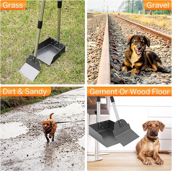Pooper Scooper, Metal Aluminum Tray and Spade Poop Scoop Set with Adjustable Stainless Steel Long Handle, Pet Waste Removal Heavy Duty Poop Scooper (Small Tray&Spade)-Mewly Pet