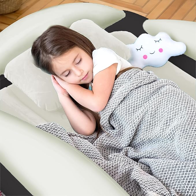 Sleepah Inflatable Toddler Travel Bed Portable Kids Air Mattress Set w Safety Rail Guards for Kids & Toddlers – Includes Pump, Carry Case, Pillow & More - Perfect Transitional Cot (Beige)