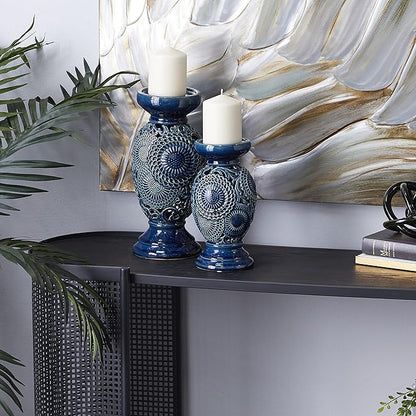 Deco 79 Ceramic Pillar Candle Holder with Cut Out Pattern, Set of 2 13", 10"H, Blue