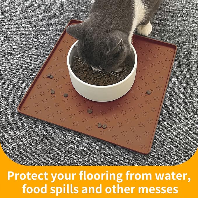 Ptlom Pet Placemat for Dog and Cat, Waterproof Silicone Pet Feeding Bowl Mats for Food and Water, Small Medium Large Dogs Mat Prevent Residues from Spilling to Floor, Brown, 11.8"x11.8"-Mewly Pet