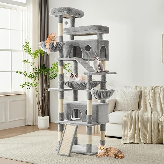Cat Tree, 80-Inch Large Cat Tower with 9 Scratching Posts, 2 Perches, 2 Caves, 2 Basket, 2 Stairs, Extra Large Hammock, Pompoms, Multi-Level Plush Cat Condo for Indoor Cats/Light Grey-Mewly Pet