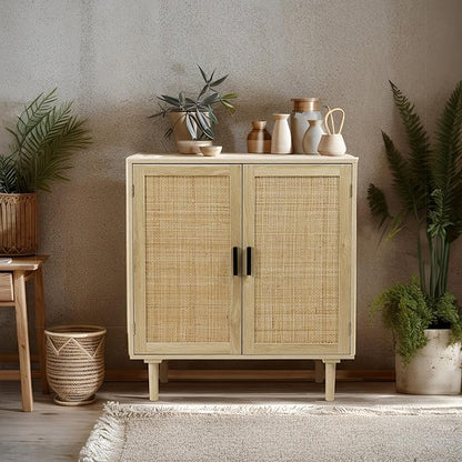 Finnhomy Sideboard Buffet Cabinet, Kitchen Storage Sideboard with Rattan Decorated Doors, Liquor Coffee Buffet, Dining Room, Hallway, Console Table, Accent Cabinet, 31.5X 15.8X 34.6 Inches, Natural