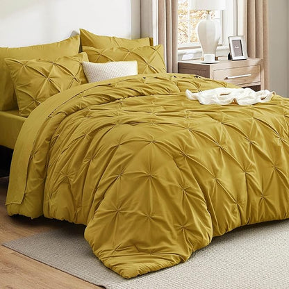 Bedsure Full Comforter Set Mustard Yellow - Bed in a Bag Full Size Bedding Set 7 Pieces, GentleSoft™ Pintuck Bed Set Gift for Family, Pinch Pleat All Season Comforter with Sheets, Pillowcases & Shams