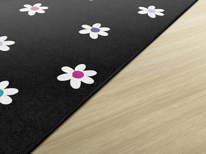 Flagship Carpets Schoolgirl Style Small Daisies on Black Educational Area Rug for Kids Room Seating Décor, Children's Classroom, Play Carpet for Teaching and Playroom, 7'6 "x 12'