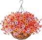 Artificial Fake Hanging Flowers Plants with Basket Outdoor, Faux Silk Colorful Daisy Metal Coconut Lining Plastic Shrubs, Farmhouse Home Garden Patio Yard Decor (Orange Yellow Purple Pink)