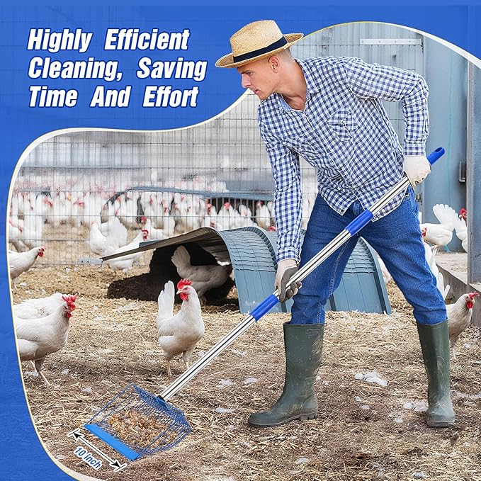 Large Chicken Poop Scooper, Heavy Duty Chicken Coop Scoop for Sand, 35" to 64" Adjustable Stainless Steel Handle, Multifunctional Sifting Shovel for Chicken Coop/Goat Stall/Stable Cleaning-Mewly Pet