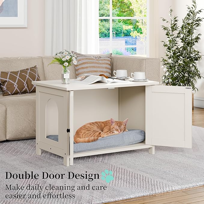 Vongrasig Cat Litter Box Enclosure,Litter Box Furniture Hidden with Barn Door,Wooden Cat Washroom Furniture,Cat House,End Table, Fit Most of Litter Box, White-Mewly Pet