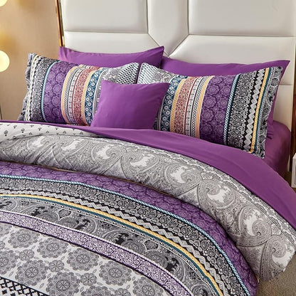 Cottolester Boho Comforter Set King Size 8 Piece Bed in a Bag Bohemian Striped Bedding Quilt Set Purple Paisley Floral Comforter and Sheet Set,Soft Microfiber Complete Bedding Sets for All Season