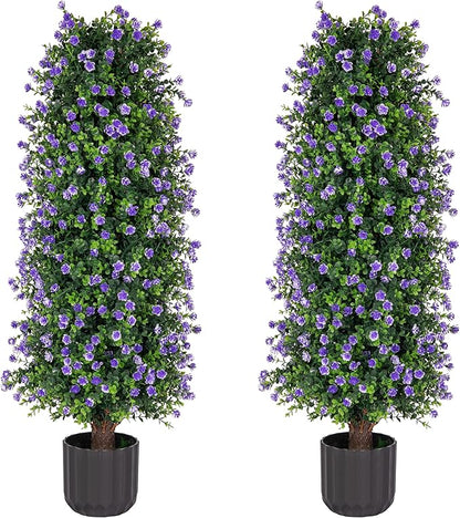 Sunnyglade 2 Packs Artificial Rose Tree 3FT- Fake Floral Plant Tree in Pot- Decorative Topiary Plant - Cement Filled Potted Faux Flower Plant for Home Office Porch Decor Indoor Outdoor (Purple)