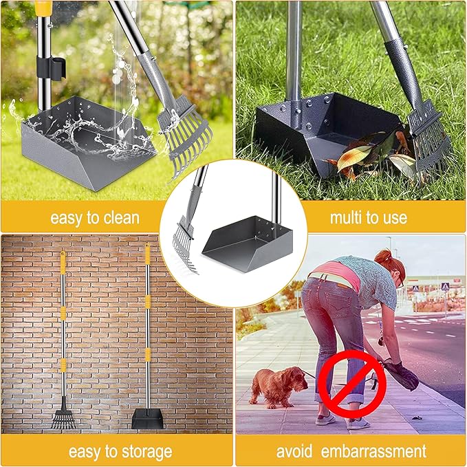 Niubya Pooper Scooper for Dogs, Metal Poop Scooper Tray and Rake Set with Adjustable Long Handle, Dog Pooper Scooper for Pet Waste Removal-Mewly Pet