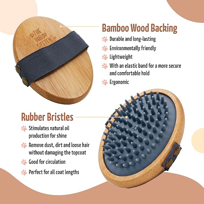 The Buddy System Rubber Pet Close Brush, Soft Touch Oval Palm Brush - Bamboo Massage Handheld with Rubber Bristles and Elastic Band for Dogs and Cats - Gray-Mewly Pet