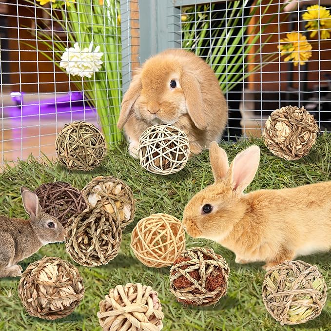 Bunny Chew Grass Balls, Rolling Chew Toys for Small Animals, Improving Dental Health, Natural Chew Grass Toys for Rabbits, Guinea Pigs, Chinchillas, Hamsters, Mice (16 Pcs)-Mewly Pet