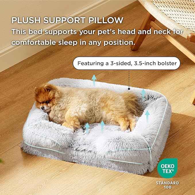 Bedsure Orthopedic Dog Beds for Small Dogs - Washable Small Dog Cat Bed Waterproof, Comfort Pet Couch Sofa with Washable Removable Cover, Pets Bed with Nonskid Bottom, Long Faux Fur-Misty Grey, 24"-Mewly Pet