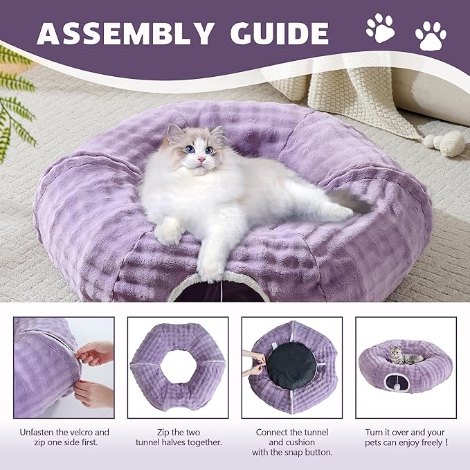 Bubble Cat Tunnel for Indoor Cats, Round Peekaboo Cave Toy with Dangling Balls, Donut Tunnel Bed with Circle Mat for Puppy Kitten Rabbit, Dusty Purple-Mewly Pet