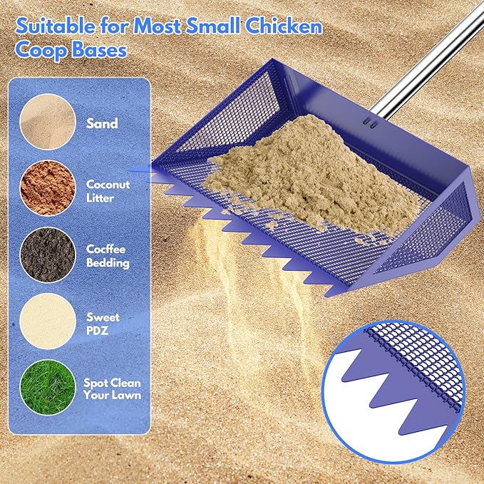 Chicken Poop Scooper & Rake 2-in-1, 304 Stainless Steel Shovel Head, Chicken Litter Scoop with Handle for Chicken Coop & Pet Waste Cleaning, Litter Sifting Shovel (35 to 65") US Patent Pending-Mewly Pet
