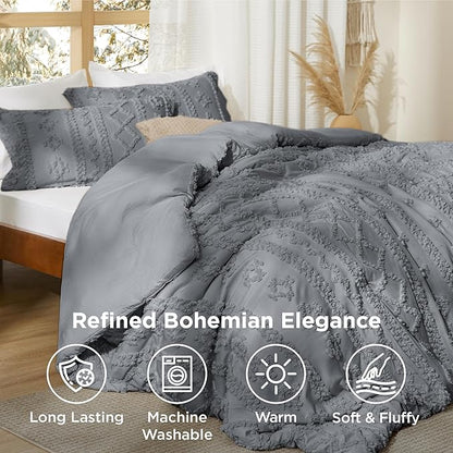 Bedsure Tufted Boho Comforter Set Queen Size - Grey Boho Bed Set, GentleSoft™ 3 Pieces Farmhouse Shabby Chic Embroidery Bedding, Gifts for Woman, Soft Jacquard Queen Comforter for All Seasons