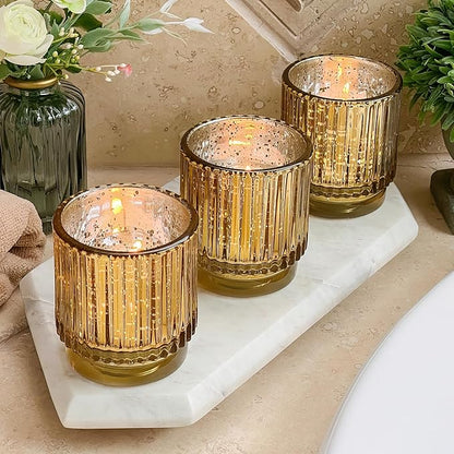 Kate Aspen Vintage Fluted Gold Glass Votive Candle Holders and Tea Lights Candles - Gold Candle Holders Set of 6 for Boho Home Decor, Kitchen Shelf and Bookshelf Decor, Rustic Table Decorations