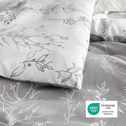 Bedsure Oversized Queen Comforter Set - Grey Bed Set, 3 Pieces Cute Floral Bedding, 1 Soft Reversible Botanical Flowers Comforter and 2 Pillow Shams