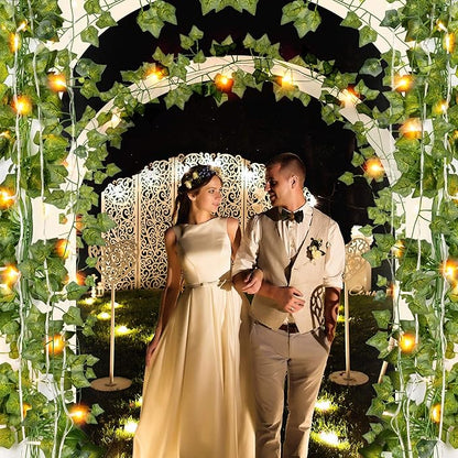 JACKYLED 84Ft 12 Pcs Artificial Ivy Garland Fake Vines with 65ft 200 LED String Lights and Remote Control Faux Hanging Leaves