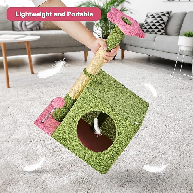 24 Inch Cat Tree Condo for Indoor Cats with Floral Sisal Scratching Post, Plush Hang Ball Play Furniture for Kittens Cats, Pink-Mewly Pet