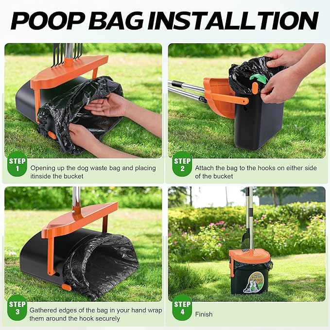 UPSKY Dog Pooper Scooper Swivel Bin & Rake Kit with 100 Waste Bags,33.4" Stainless Steel Long Handle Heavy Duty Pet Poop Shovel for Large Medium Small Dogs, Odor-Proof Lid for Yard/Lawn/Outdoor Use-Mewly Pet