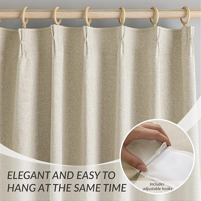 100% Blackout Pinch Pleated Linen Curtains 108 Inches Long, Extra Long Pinch Pleated Drapes with Hooks, Soft Thick Linen Curtain Panels for Sliding Door Modern Farmhouse,60x108, Natural Beige,2 PCs