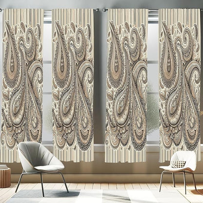Ambesonne Paisley Window Curtains Pack of 2, Delicate Bohemian Leafy Motives on Stripes in Neutral Muted Colors, Lightweight Set with Rod Pocket, 4 Panels of - 28" x 95", Warm Taupe Ivory and Sepia