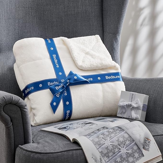 Bedsure GentleSoft Sherpa Fleece Blankets Queen Size for Bed - Thick and Warm Throw for Women and Men, Soft Fuzzy Plush Queen Blanket for Winter, White, 90x90 Inches