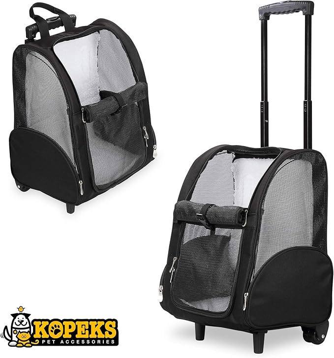 KOPEKS Deluxe Backpack Pet Travel Carrier with Double Wheels for Pets up to 10 Pounds - Black - Approved by Most Airlines-Mewly Pet