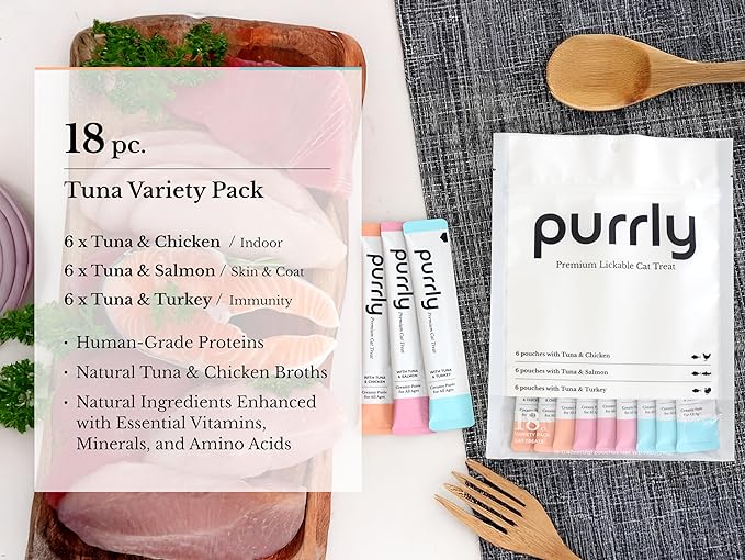 Purrly Cat Treat Snack Wet Lickable Low Calorie Healthy Grain-Free Tuna Variety Packs (18 Count) Squeezable Creamy Purée with Human-Grade Proteins and Functional Nutrients No-Artificial-Additives-Mewly Pet