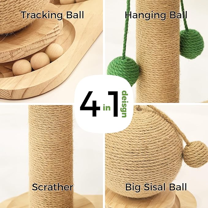 Cat Scratching Post, Wooden Cat Scratcher Toy for Indoor Cats, Sisal Ball Toy with Hanging and Track Balls, 17.7" Tall Banana Tree Cat Tower for Kittens-Mewly Pet
