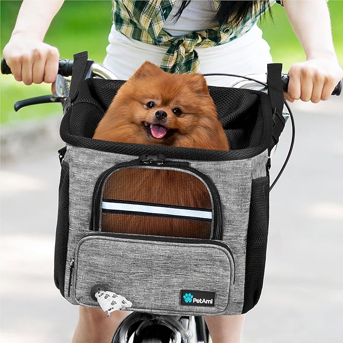 PetAmi Dog Bike Basket, Soft-Sided Ventilated Dog Bike Carrier Backpack, Pet Bicycle Basket for Bike Handlebar, Small Medium Puppy Cat Kitten Car Booster Seat with Safety Strap, Max 18 lbs, Gray-Mewly Pet