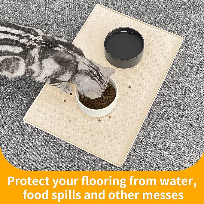 Ptlom Silicone Pet Placemat for Dog and Cat, Waterproof Non-Slip Pet Feeding Bowl Mats for Food and Water, Small Medium Large Tray Mat Prevent Residues from Spilling to Floor, Beige, 24.5" 16.5"-Mewly Pet