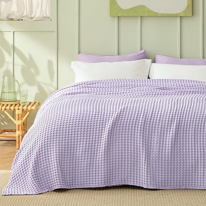 Bedsure Cooling Cotton Waffle Queen Size Blanket - Lightweight Breathable Blanket of Rayon Derived from Bamboo for Hot Sleepers, Luxury Throws for Bed, Couch and Sofa, Purple, 104x90 Inches