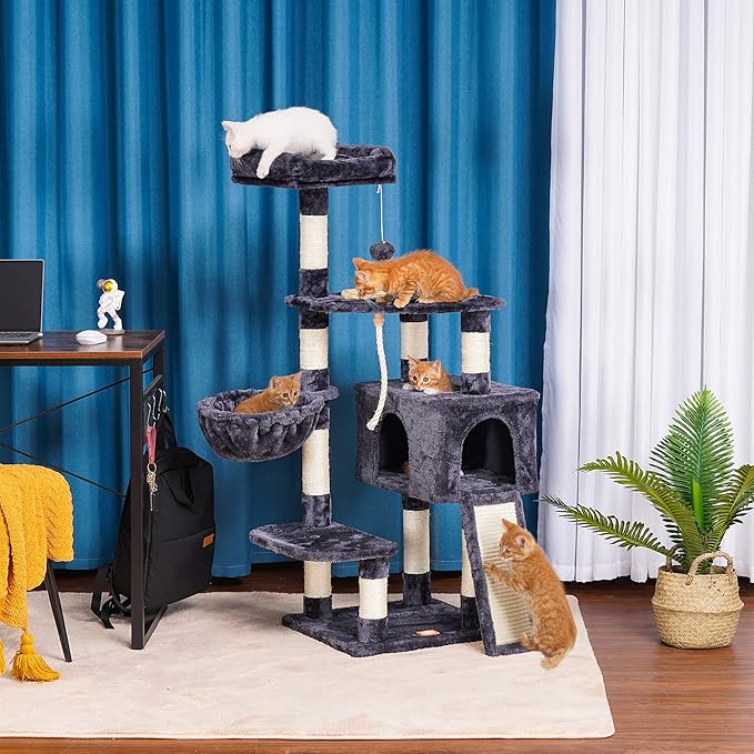 Heybly Cat Tree, Cat Tower for Indoor Cats with Scratching Board, Multi-Level Cat Furniture Condo with Feeding Bowl, Smoky Gray HCT010G-Mewly Pet