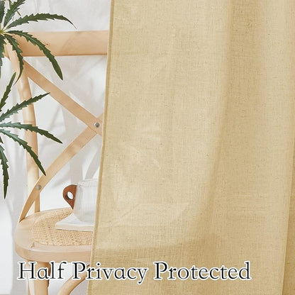 RYB HOME Sheer Curtains 108 inches Long, Linen Textured Wave Semi Sheer Privacy Curtains for Bedroom Living Room High Ceiling Window Decor, Sand, W 52 x L 108, 1 Pair