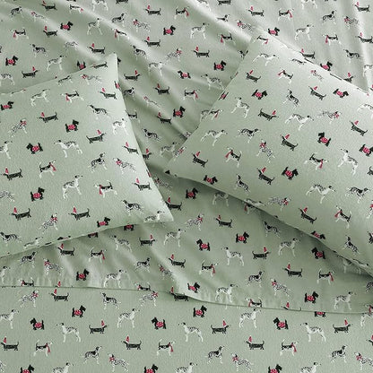 Laura Ashley - Flannel Sheets Full Size, Anti-Pilling & Wrinkle Resistant Cotton, Touchably Soft for All-Season Comfort - Bed Sheets with Matching Pillowcases & Fitted Sheet (Holiday Pups Green)