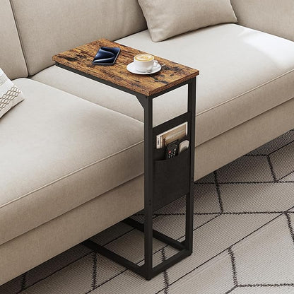 TUTOTAK C Shaped End Table, Side Table for Couch, Sofa Table with Storage Bag, TV Tray for Living Room, Bedroom, Brown TB01BB0822