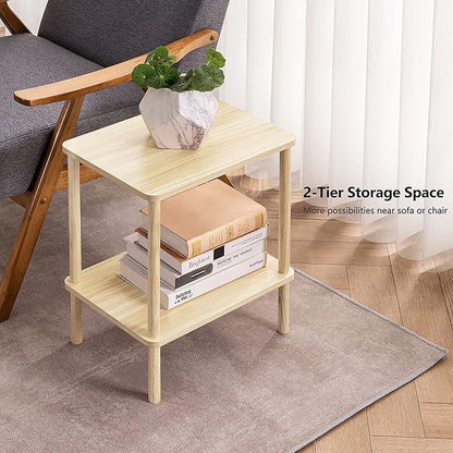 Apicizon 2 Tier End Table Set of 2, Small Side Table with Solid Wood Legs, Boho Bedside Table with Storage Shelf, Nightstand for Small Spaces, Bedroom, Living Room, Entryway, Light Natural